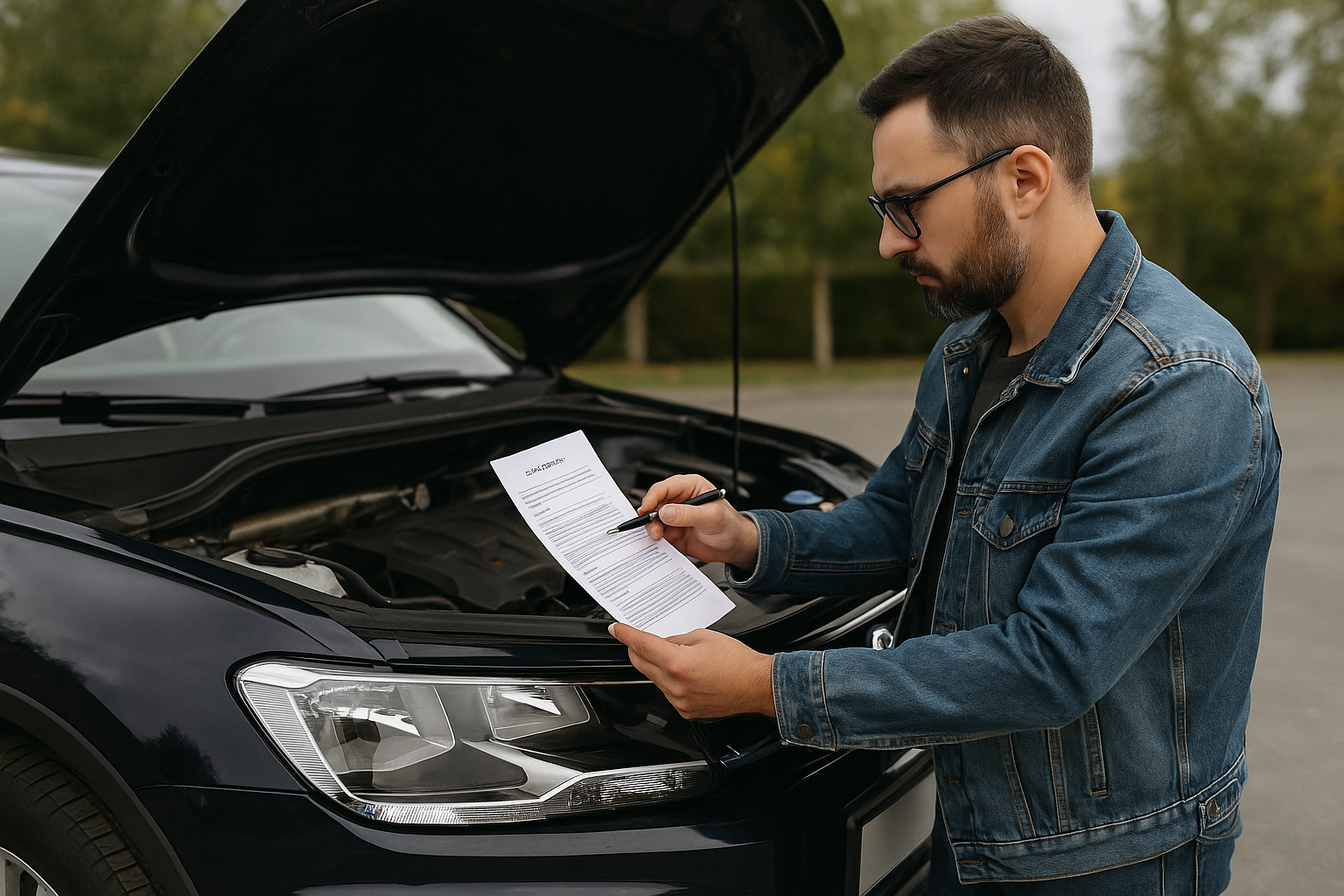 Homem avaliando o valor de um carro usado com checklist em mãos, ao lado de veículo com capô aberto.